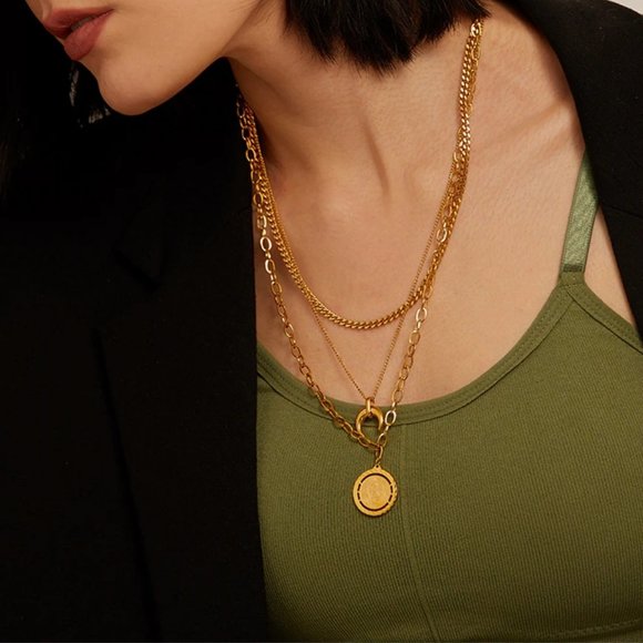 NEW 18K Gold Plated Lion Coin Horn Moon Triple Layer Link Chain Necklace - Picture 4 of 8